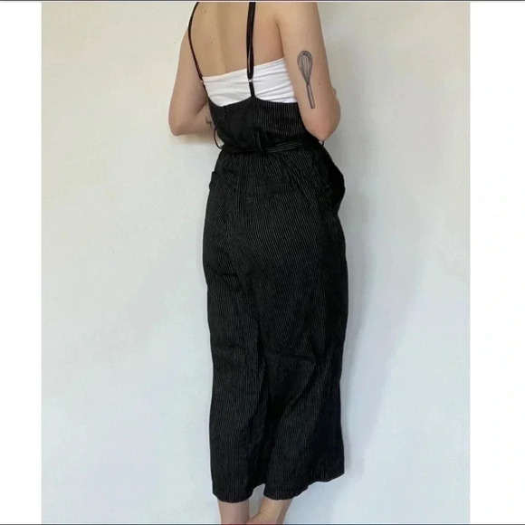Pin Stripe Belted Cropped Overalls Black White Bow Spaghetti Strap Adjustable - Picture 2 of 11